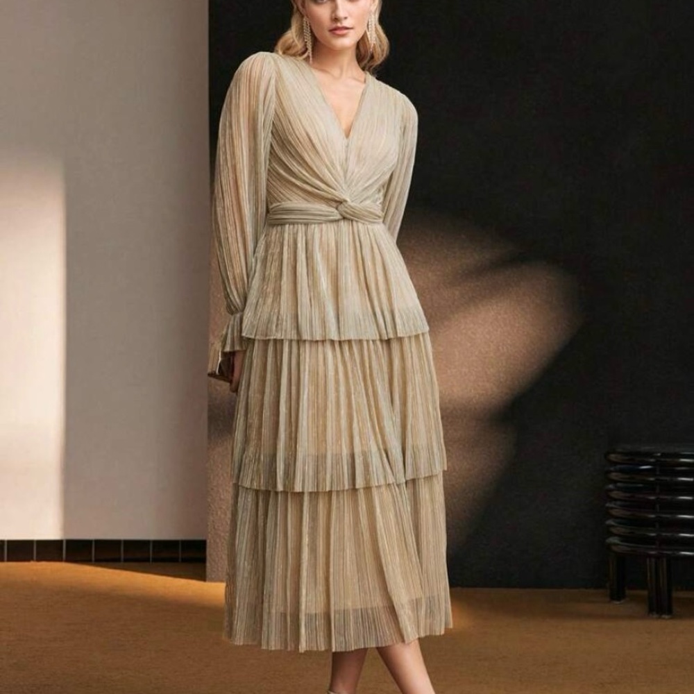 MOTF Cream Long Sleeve Tiered Dress